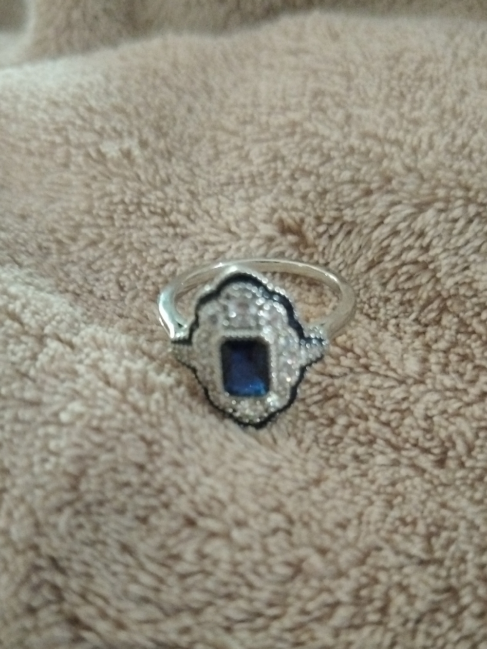 Silver Ring with Blue Center Stone and Pavé Accents Size 8.5